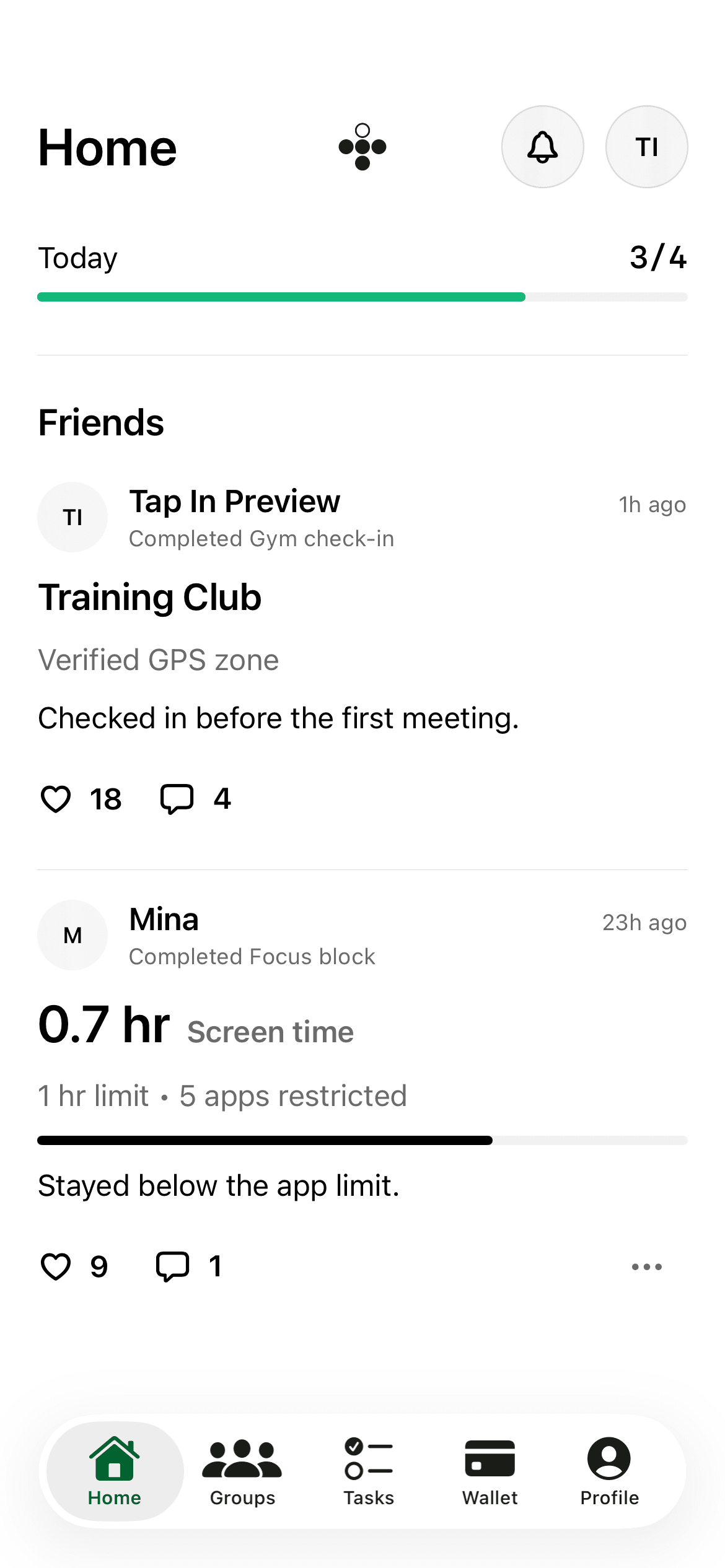 The current Tap In Home feed with example activity from friends